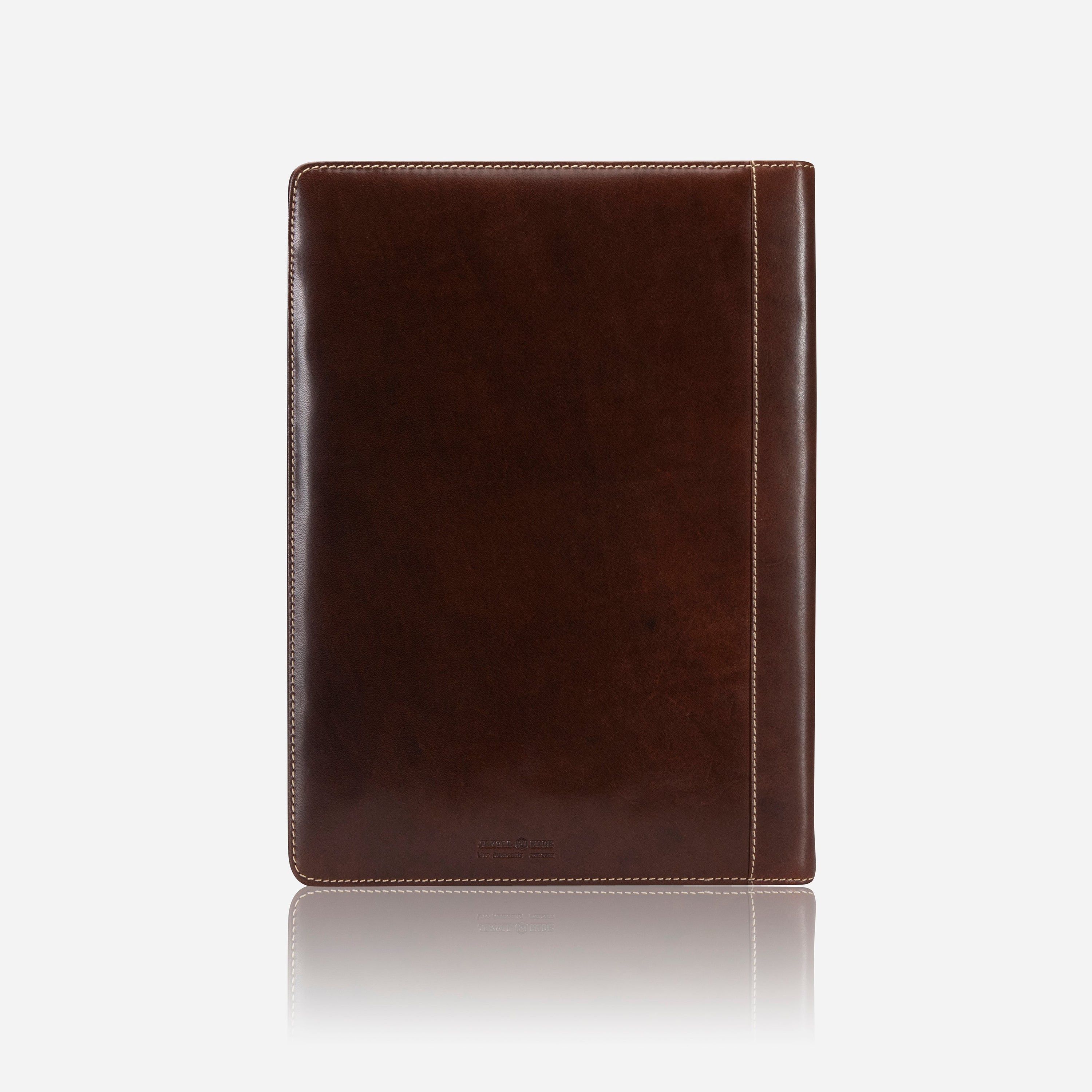 Oxford Zip Around A4 Folder in Espresso, showcasing its leather texture and spacious interior for documents and tech.