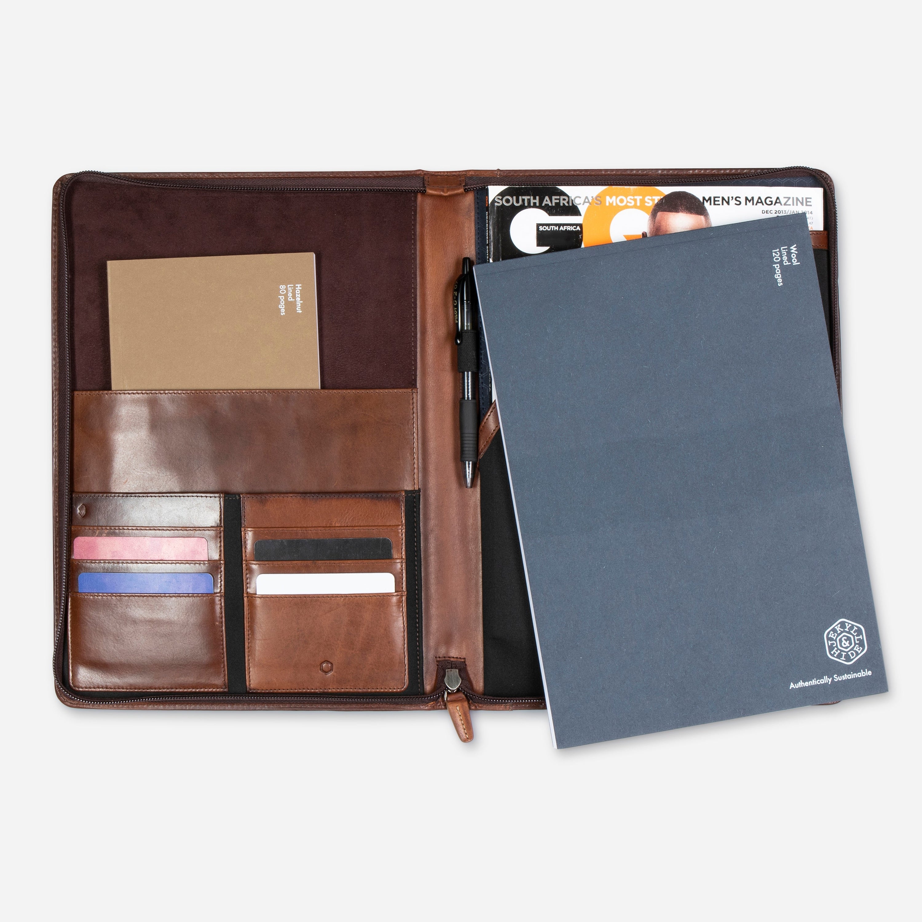 Oxford Zip Around A4 Folder in Espresso, showcasing its leather texture and spacious interior for documents and tech.