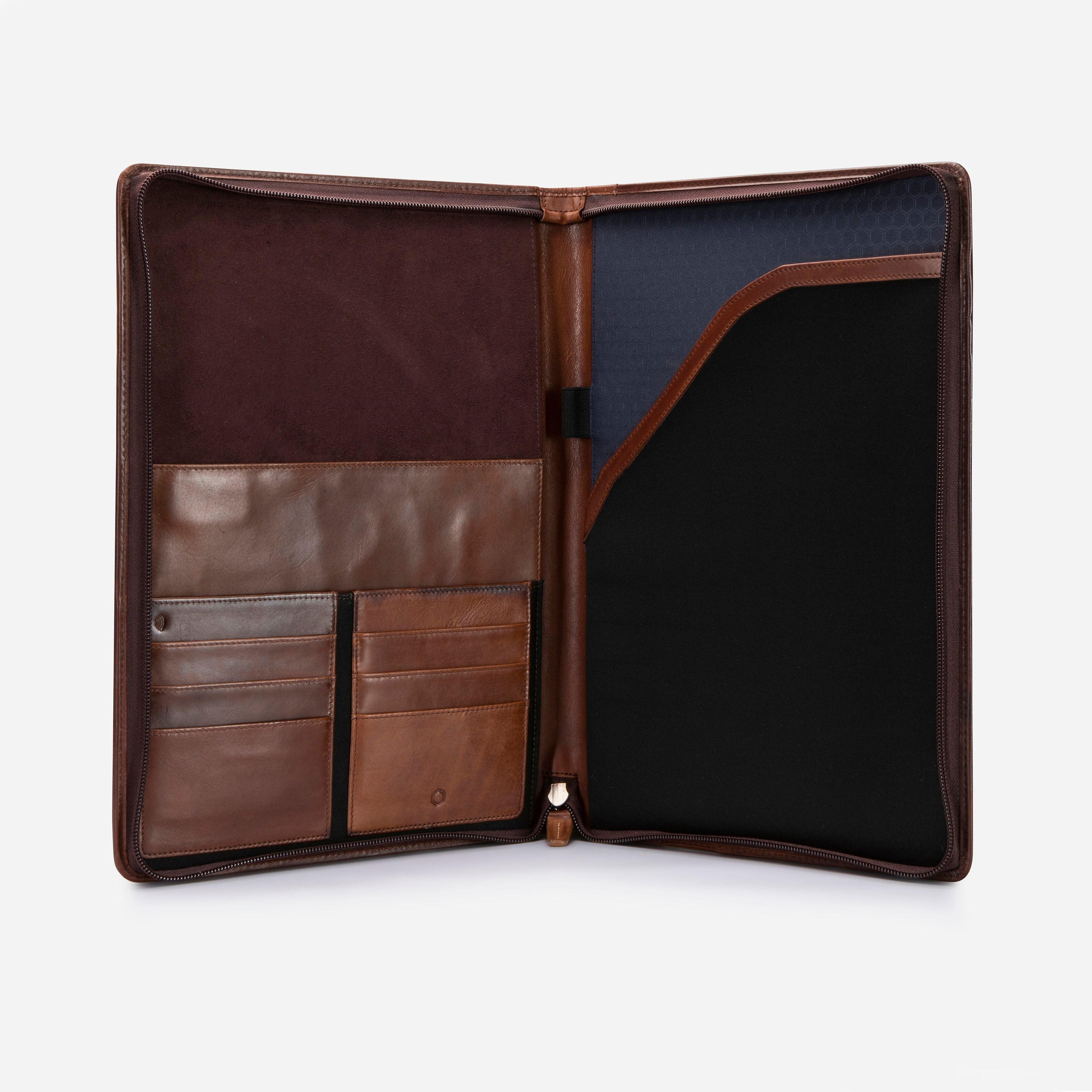 Oxford Zip Around A4 Folder in Espresso, showcasing its leather texture and spacious interior for documents and tech.