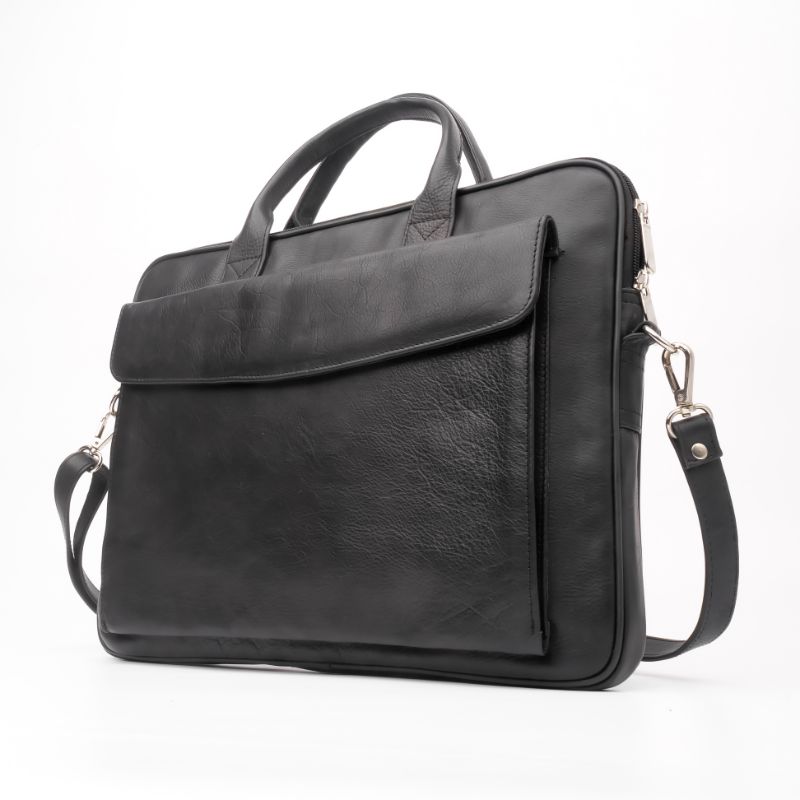 Parker Slim Leather Laptop Bag in black, showcasing its sleek design and genuine cow leather material.