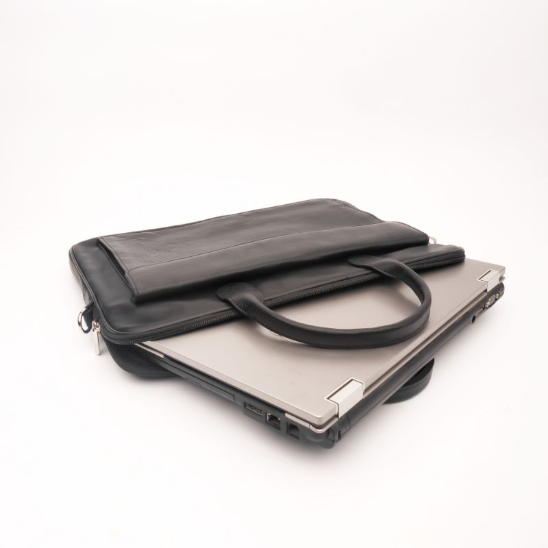 Parker Slim Leather Laptop Bag in black, showcasing its sleek design and genuine cow leather material.