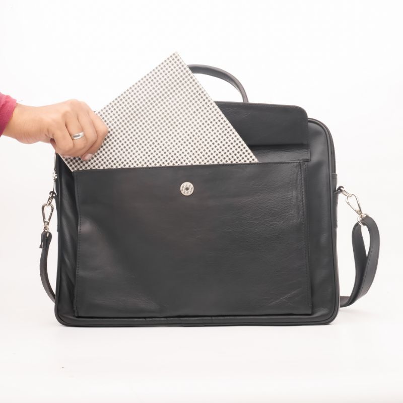 Parker Slim Leather Laptop Bag in black, showcasing its sleek design and genuine cow leather material.