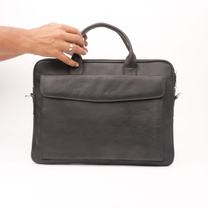 Parker Slim Leather Laptop Bag in black, showcasing its sleek design and genuine cow leather material.