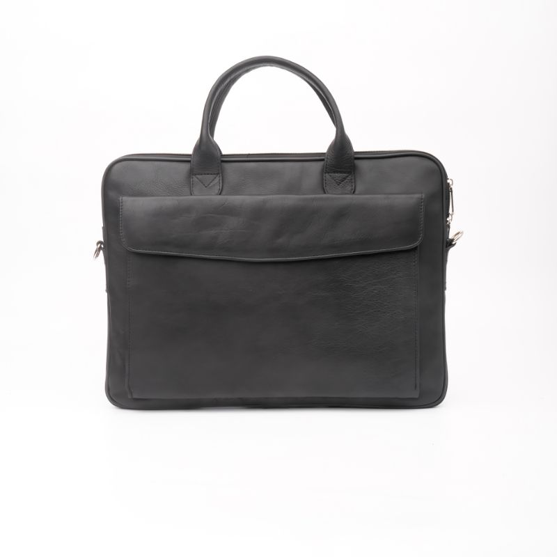 Parker Slim Leather Laptop Bag in black, showcasing its sleek design and genuine cow leather material.