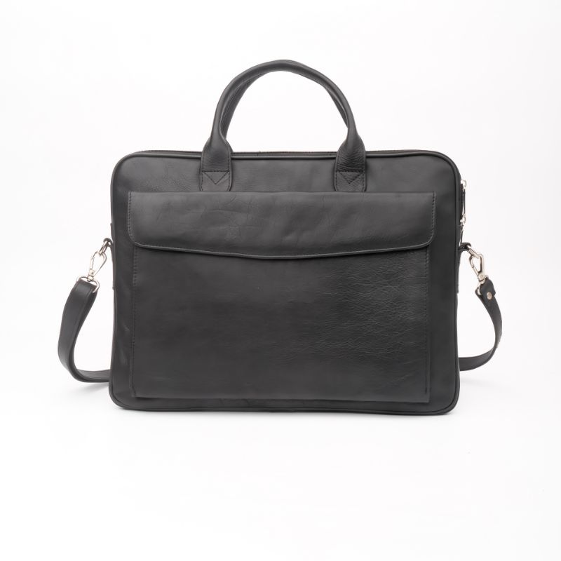 Parker Slim Leather Laptop Bag in black, showcasing its sleek design and genuine cow leather material.