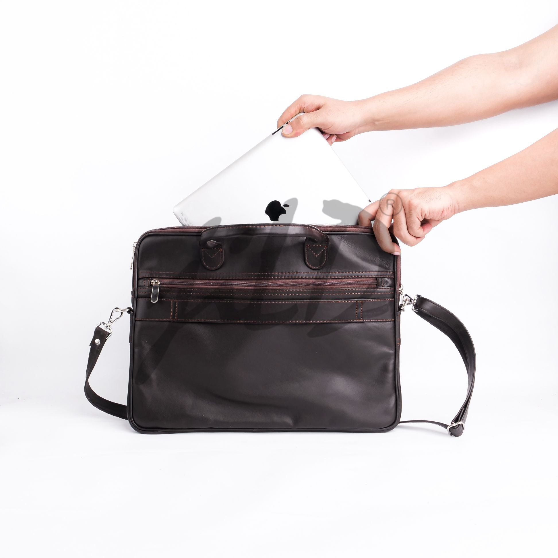 Parker Slim Leather Laptop Bag in Dark Brown, showcasing its sleek design and premium cow leather material.