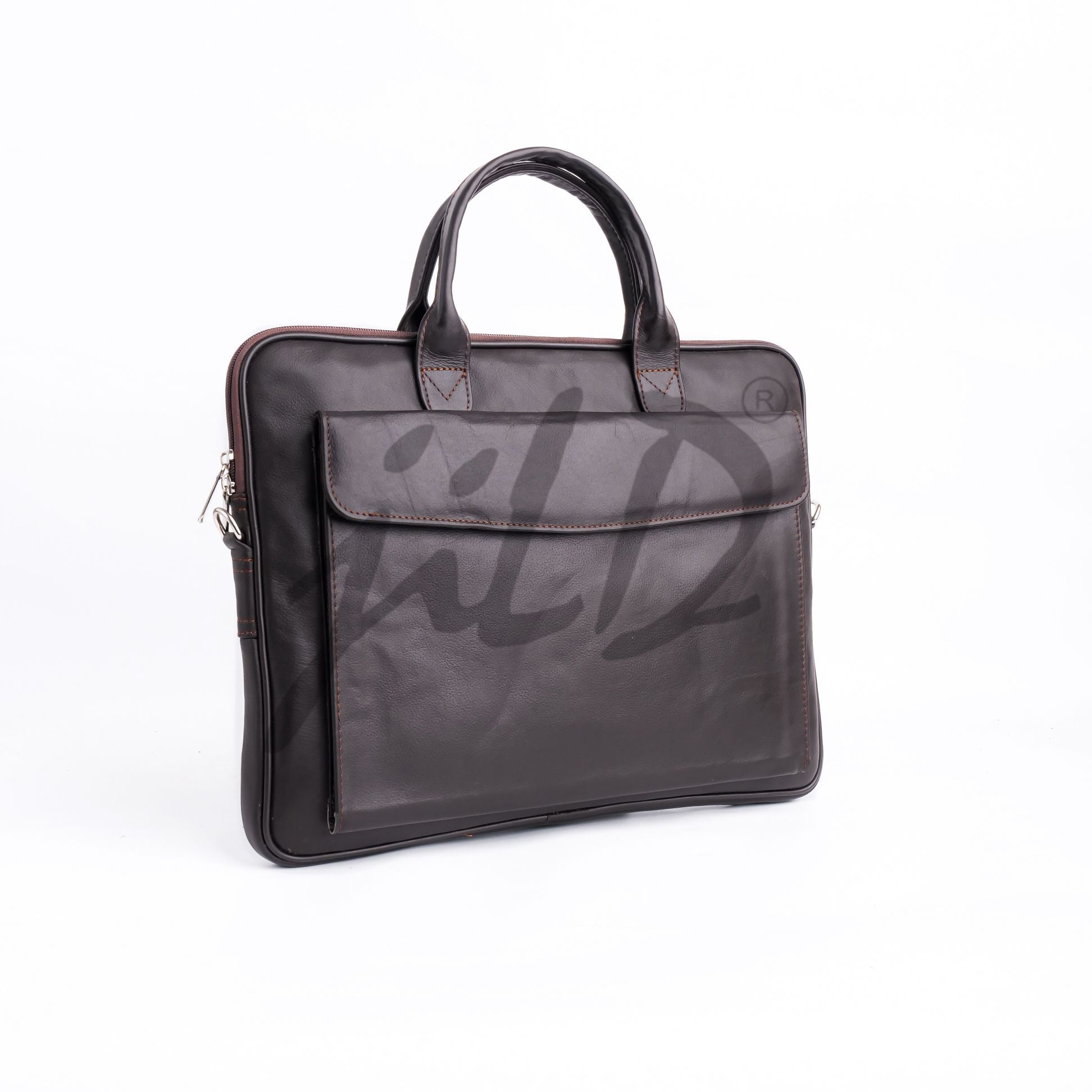 Parker Slim Leather Laptop Bag in Dark Brown, showcasing its sleek design and premium cow leather material.