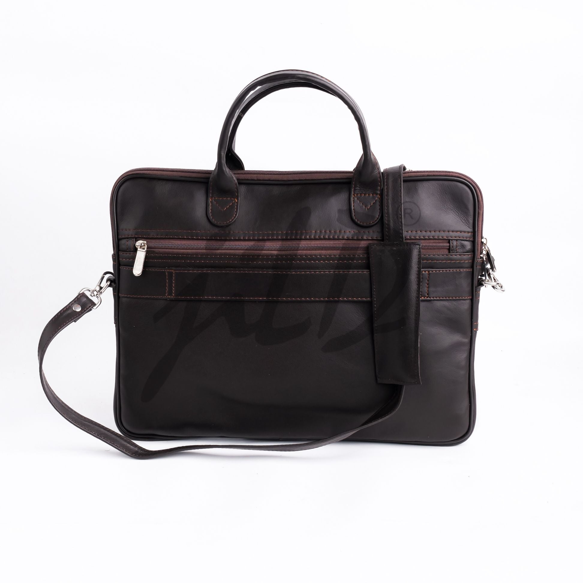 Parker Slim Leather Laptop Bag in Dark Brown, showcasing its sleek design and premium cow leather material.