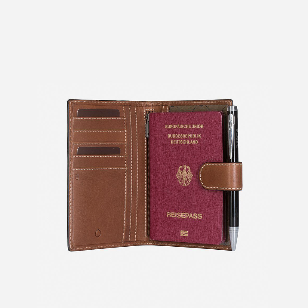 Clay Passport Leather Wallet & Organiser with RFID protection, featuring compartments for passports and boarding cards.