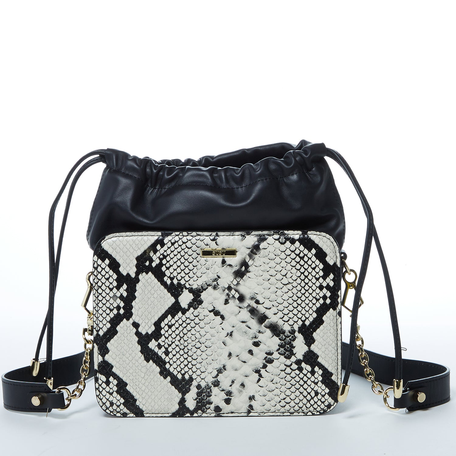 Patricia Black Leather Bucket Bag featuring a unique snakeskin design with gold hardware and teal interior.