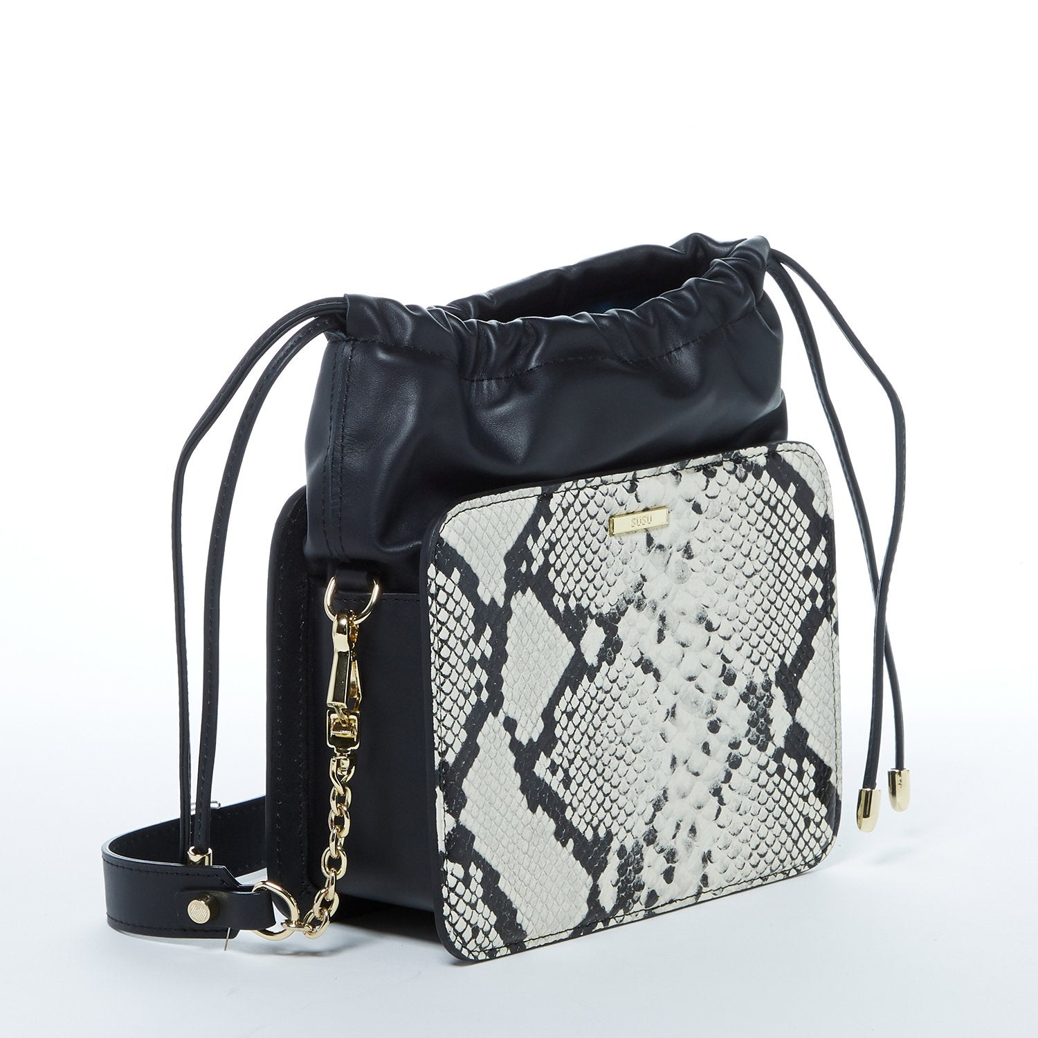 Patricia Black Leather Bucket Bag featuring a unique snakeskin design with gold hardware and teal interior.