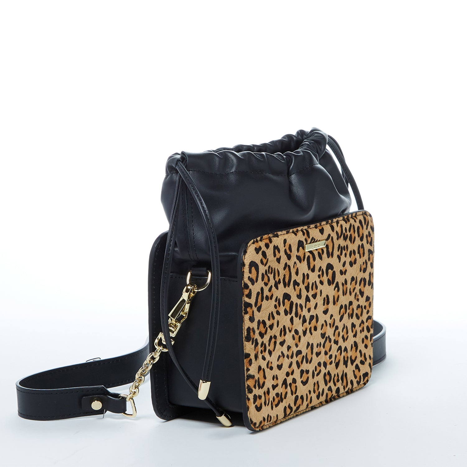 Patricia Black Leopard Leather Purse featuring a structured design with leopard print accents and gold hardware.