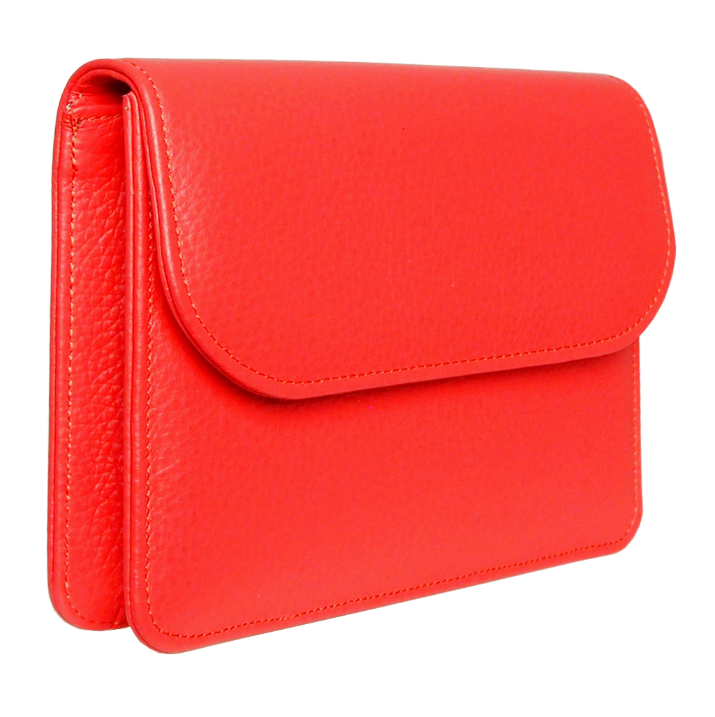 A stylish coral red pebbled calf leather belt pouch with a gold plated buckle, showcasing its handmade Italian craftsmanship.