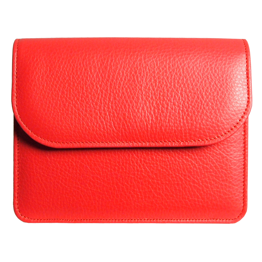 A stylish coral red pebbled calf leather belt pouch with a gold plated buckle, showcasing its handmade Italian craftsmanship.