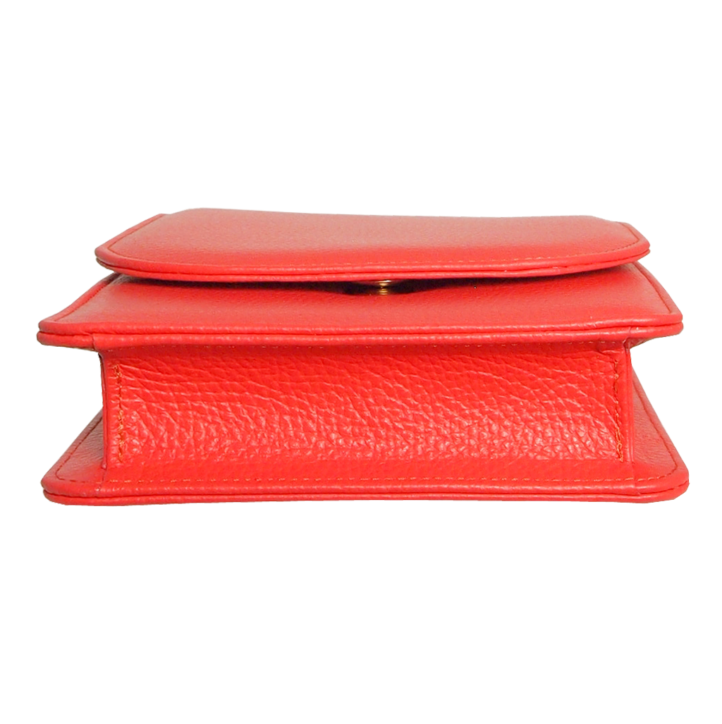 A stylish coral mini bag made of pebbled calf leather, featuring a single side gusset and a long strap for crossbody wear.