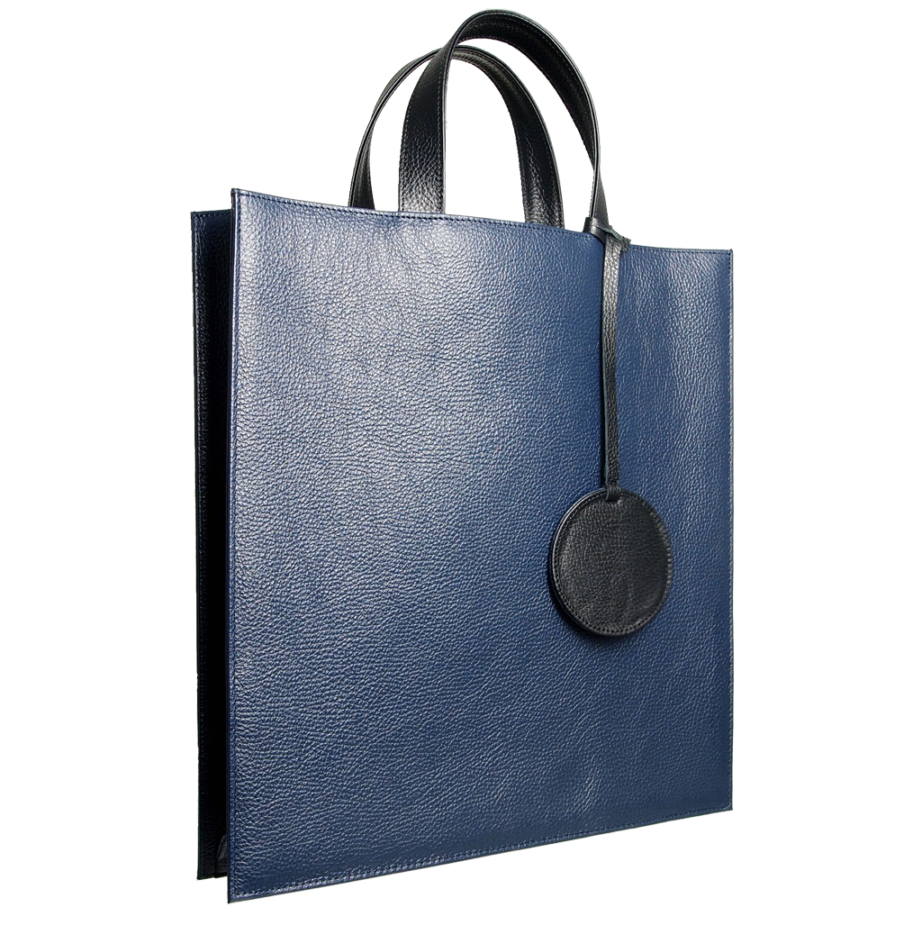 Navy pebbled leather briefcase tote bag with contrasting handles and a geometrical charm, showcasing its elegant design and craftsmanship.