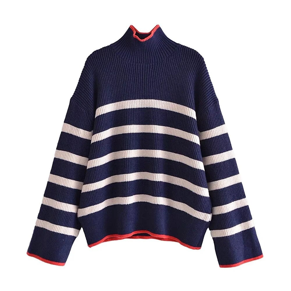 A stylish women's knit striped sweater featuring a turtleneck collar and full-length sleeves, perfect for autumn and winter wear.