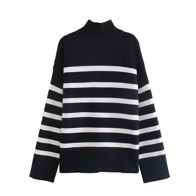 A stylish women's knit striped sweater featuring a turtleneck collar and full-length sleeves, perfect for autumn and winter wear.