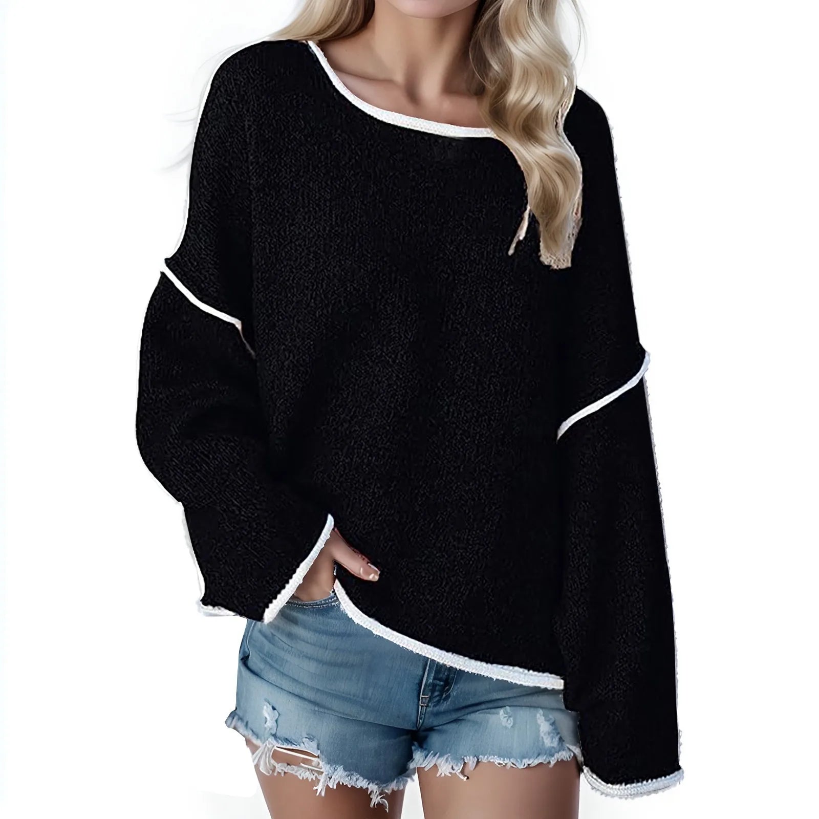 A cozy Popular Oversized Sweater in a solid color, featuring a loose fit and full sleeves, perfect for autumn and winter wear.