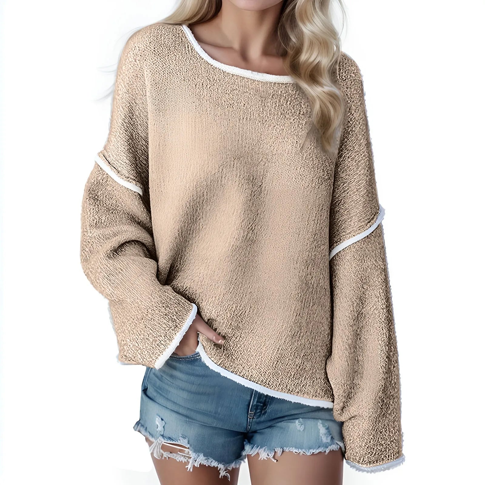 A cozy Popular Oversized Sweater in a solid color, featuring a loose fit and full sleeves, perfect for autumn and winter wear.