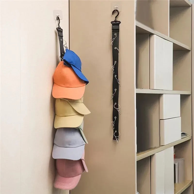 Portable Hat Hanging Decoration in black, made of Oxford cloth and stainless steel, designed for organizing caps in wardrobes.