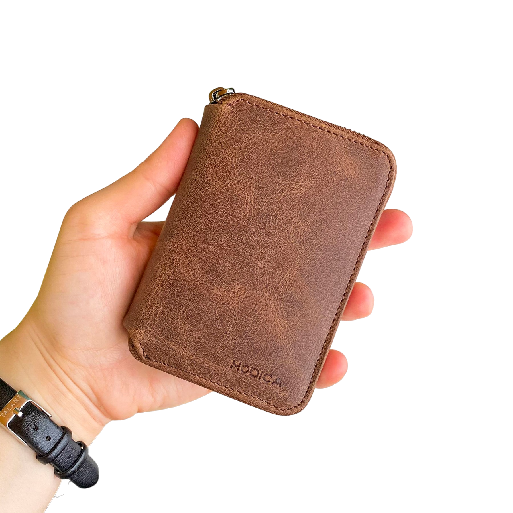 Porto Genuine Leather Wallet featuring a zipper, showcasing its elegant design and multiple card slots.