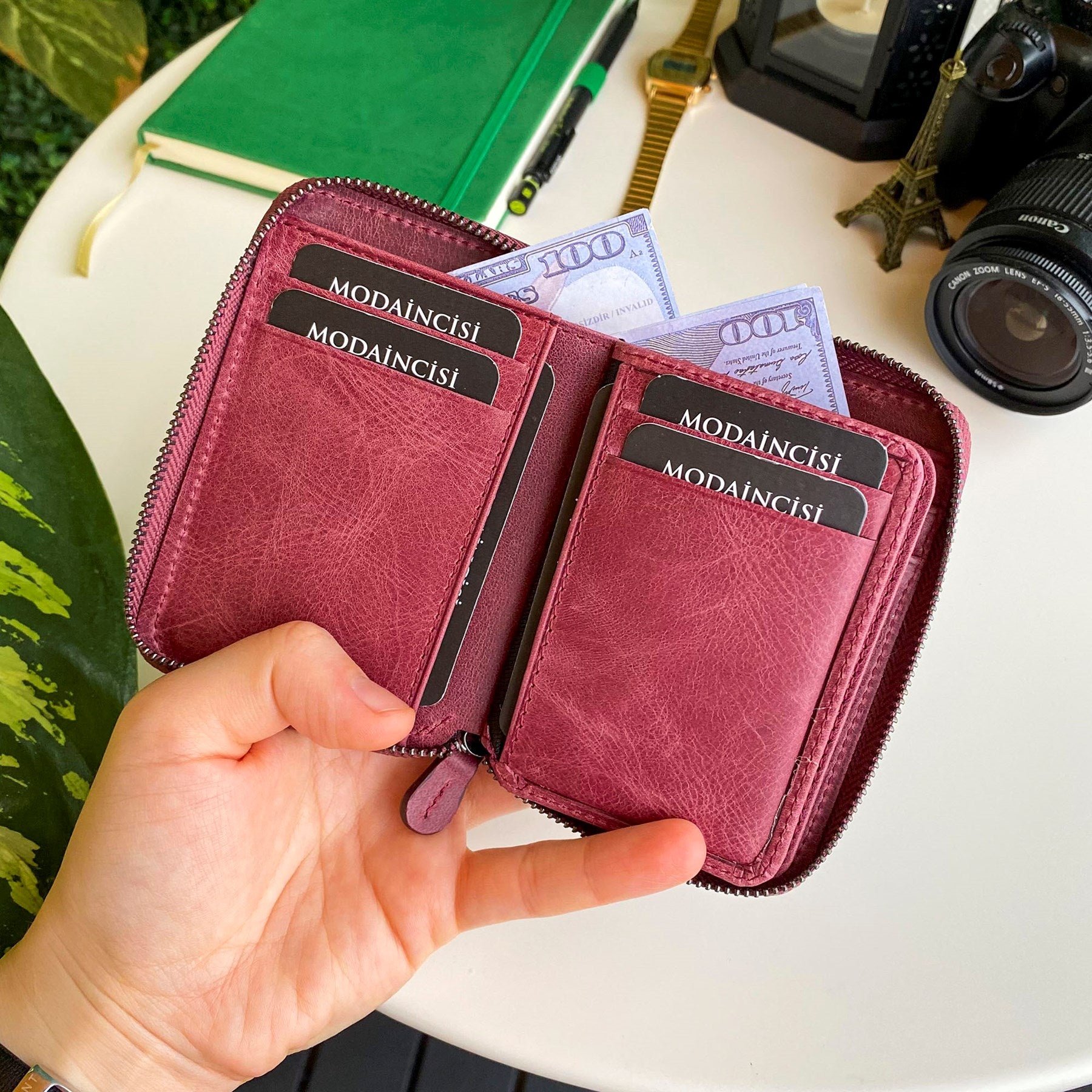 Porto Genuine Leather Wallet featuring a zipper, showcasing its elegant design and multiple card slots.