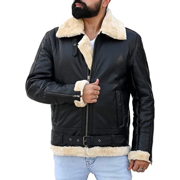 Premium Shearling Fur Leather Jacket in Black, featuring genuine sheepskin leather, full fur lining, and stylish bomber design.