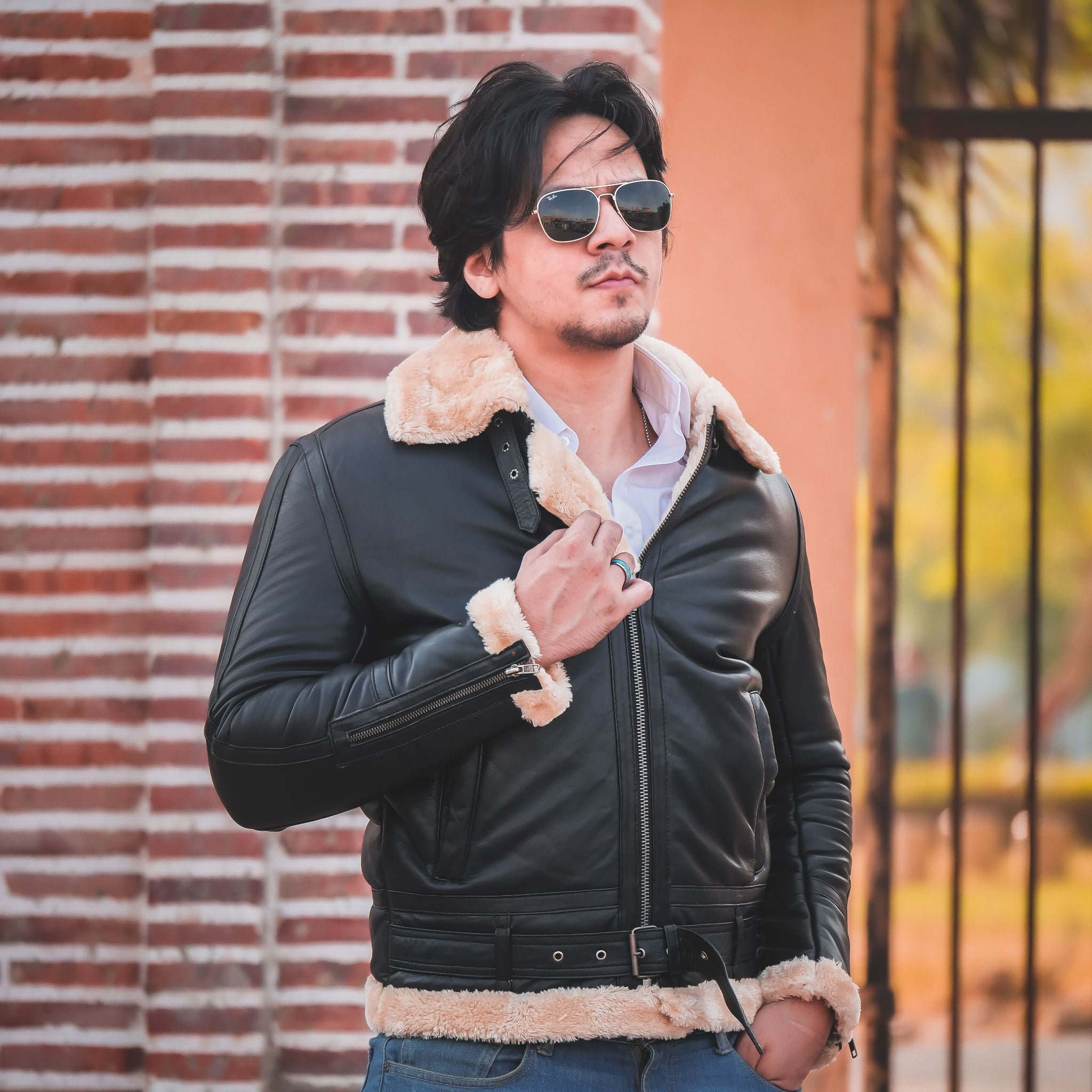 Premium Shearling Fur Leather Jacket in Black, featuring genuine sheepskin leather, full fur lining, and stylish bomber design.