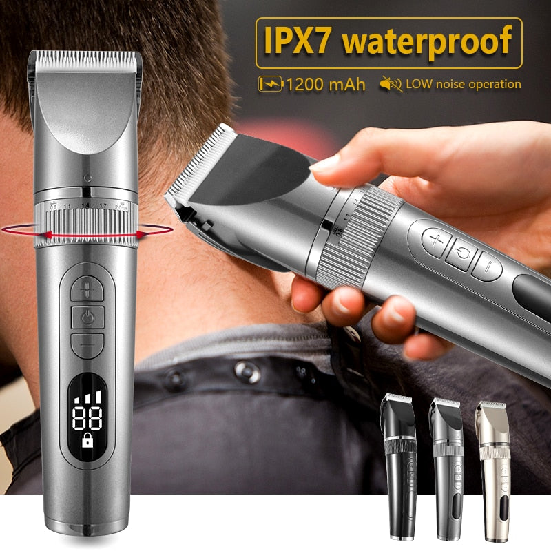 Professional Hair Clipper for Men with adjustable settings and waterproof design, ideal for beard trimming and hair cutting.