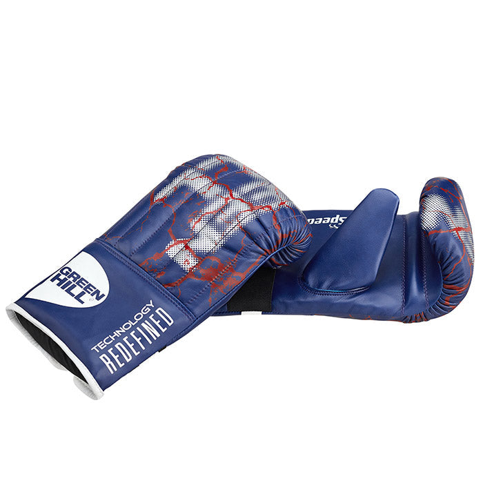 Punching Mitt SPEED in red, black, and blue colors, made of artificial leather, showcasing its durable design and various sizes.