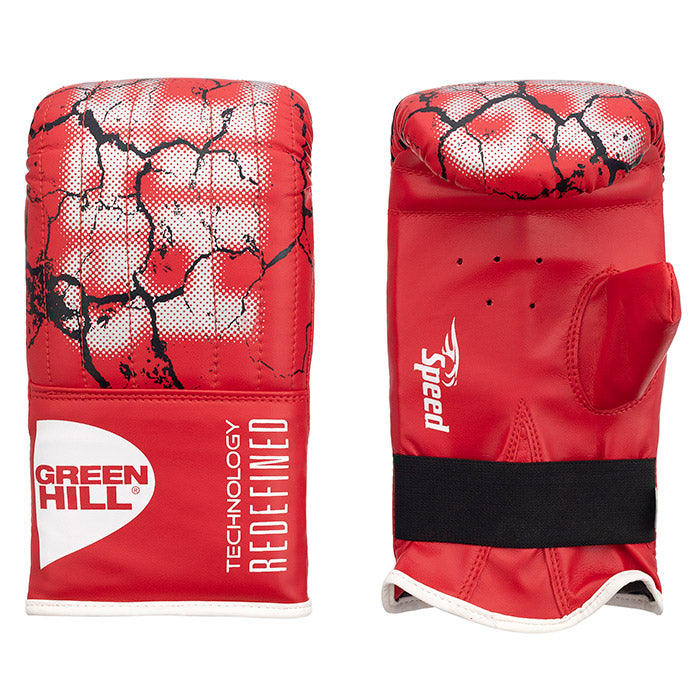 Punching Mitt SPEED in red, black, and blue colors, made of artificial leather, showcasing its durable design and various sizes.