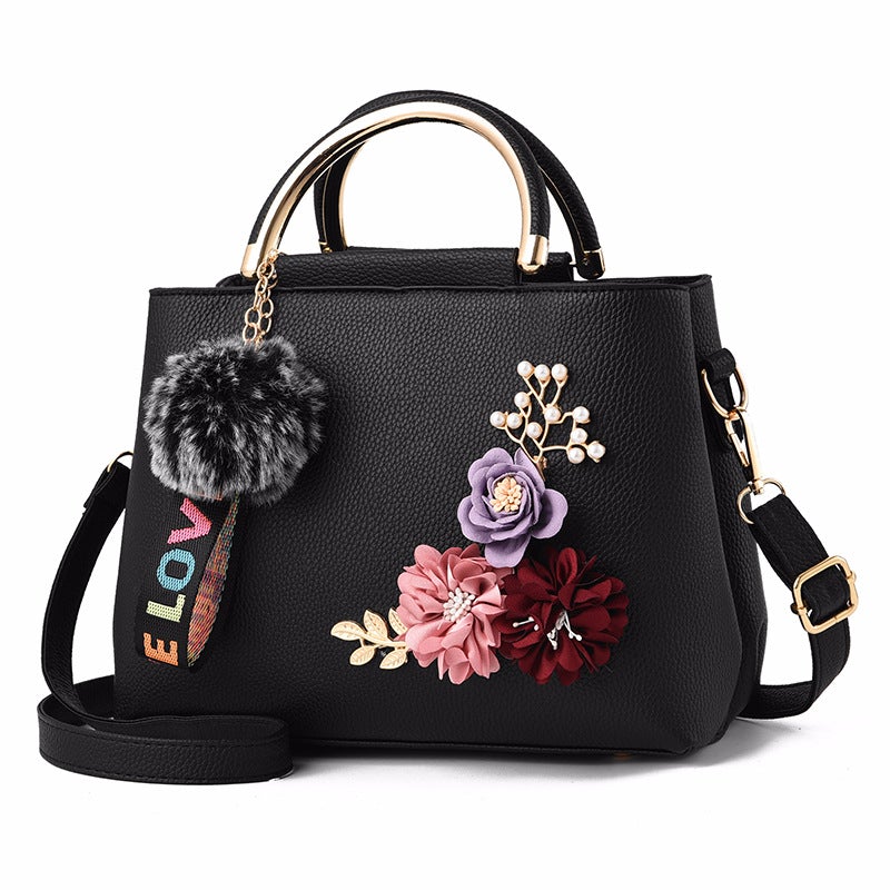 Pure Color Fashion Embroidered Portable Messenger Bag featuring floral embroidery, durable PU fabric, and a compact design.