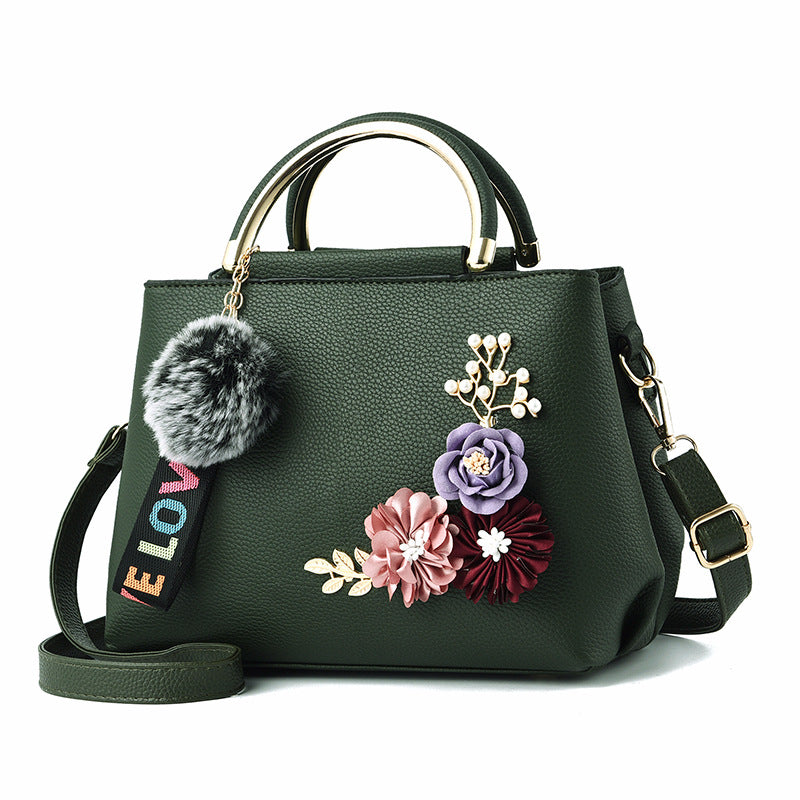 Pure Color Fashion Embroidered Portable Messenger Bag featuring floral embroidery, durable PU fabric, and a compact design.