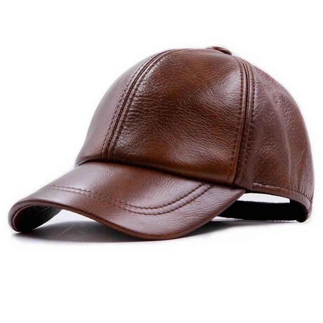 Brown pure leather cap with adjustable clip, showcasing its durable material and stylish design.