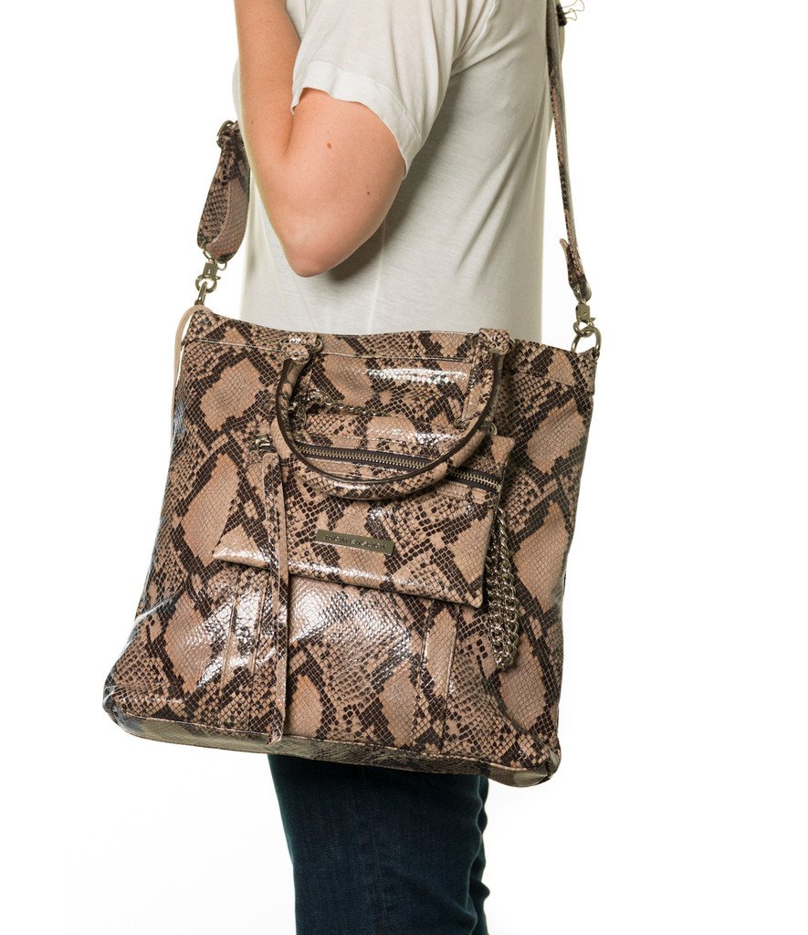 Stylish Python Tote with Detachable Mini Bag, showcasing high-quality leather and edgy design.