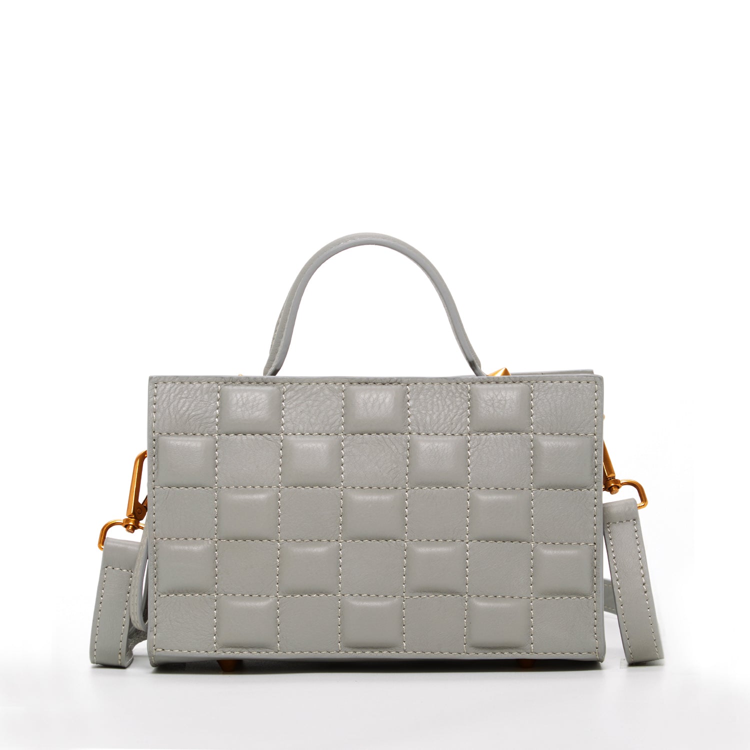 Stylish quilted gray leather purse with rose gold studs and adjustable strap, showcasing its elegant design and spacious compartments.