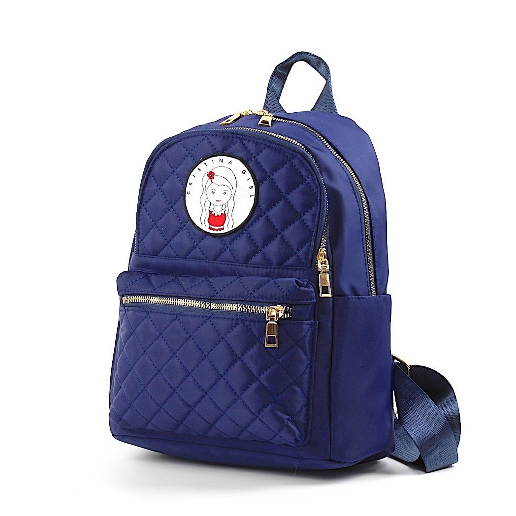 Quilted Mini Backpack in vibrant color with multiple zipped pockets and adjustable straps, made from waterproof nylon.