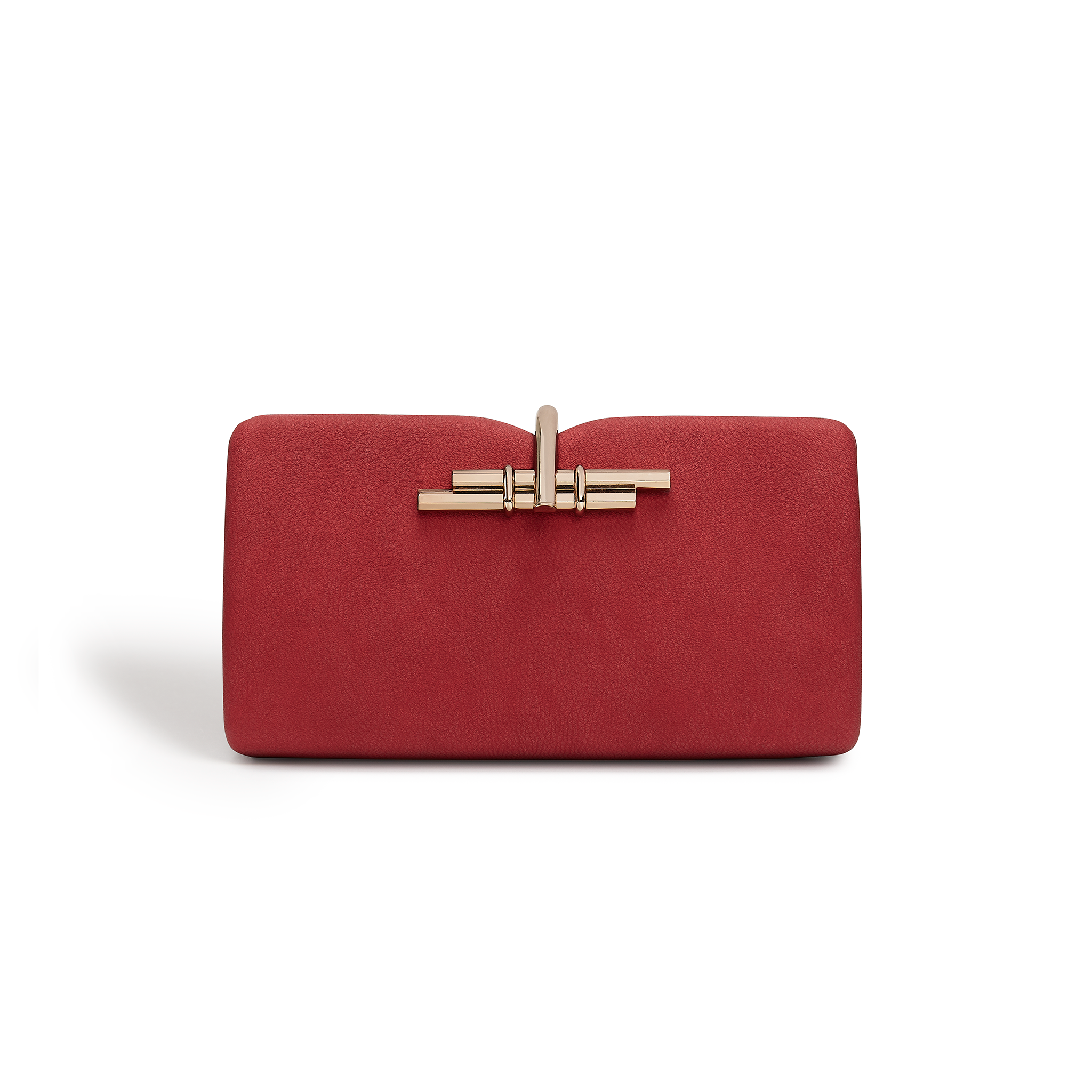 Stylish Red Allegro Vegan Clutch Bag with gold hardware clasp and detachable chain strap, perfect for evening events.