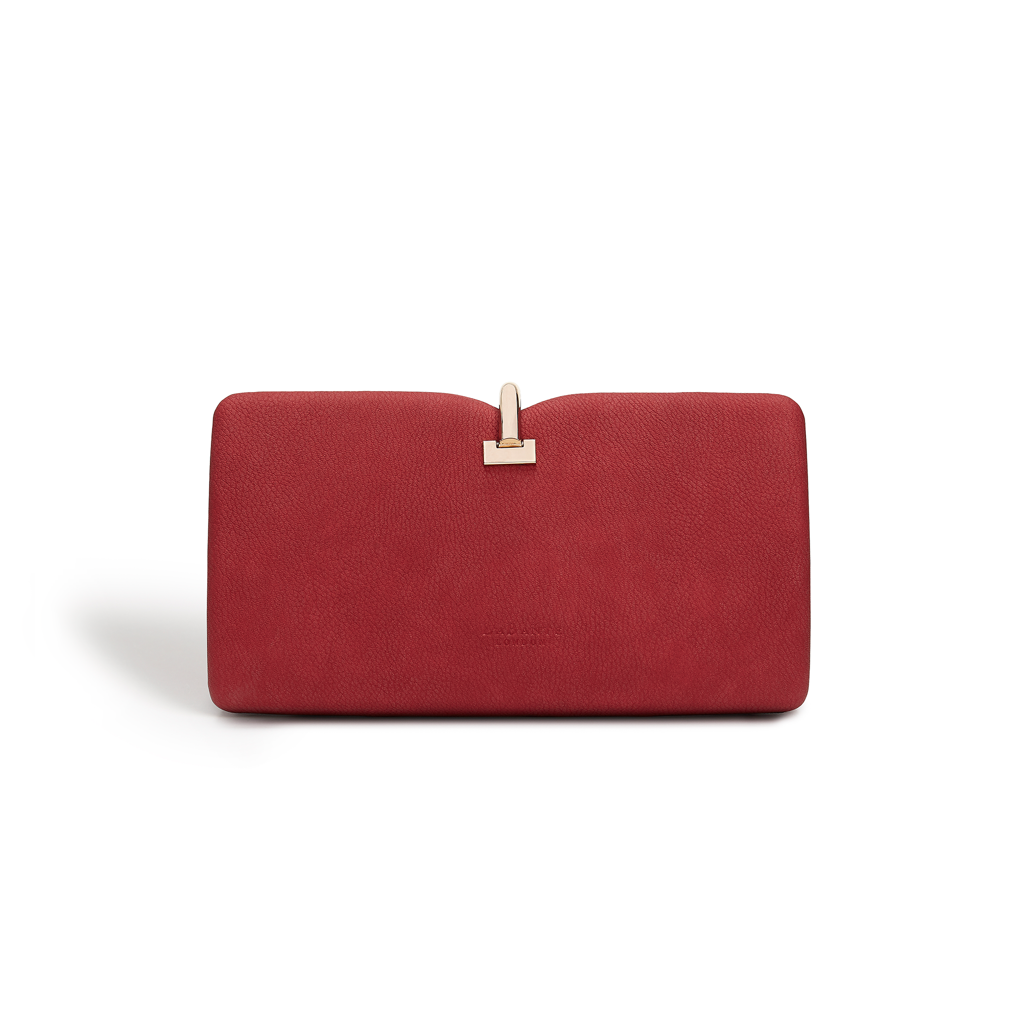 Stylish Red Allegro Vegan Clutch Bag with gold hardware clasp and detachable chain strap, perfect for evening events.