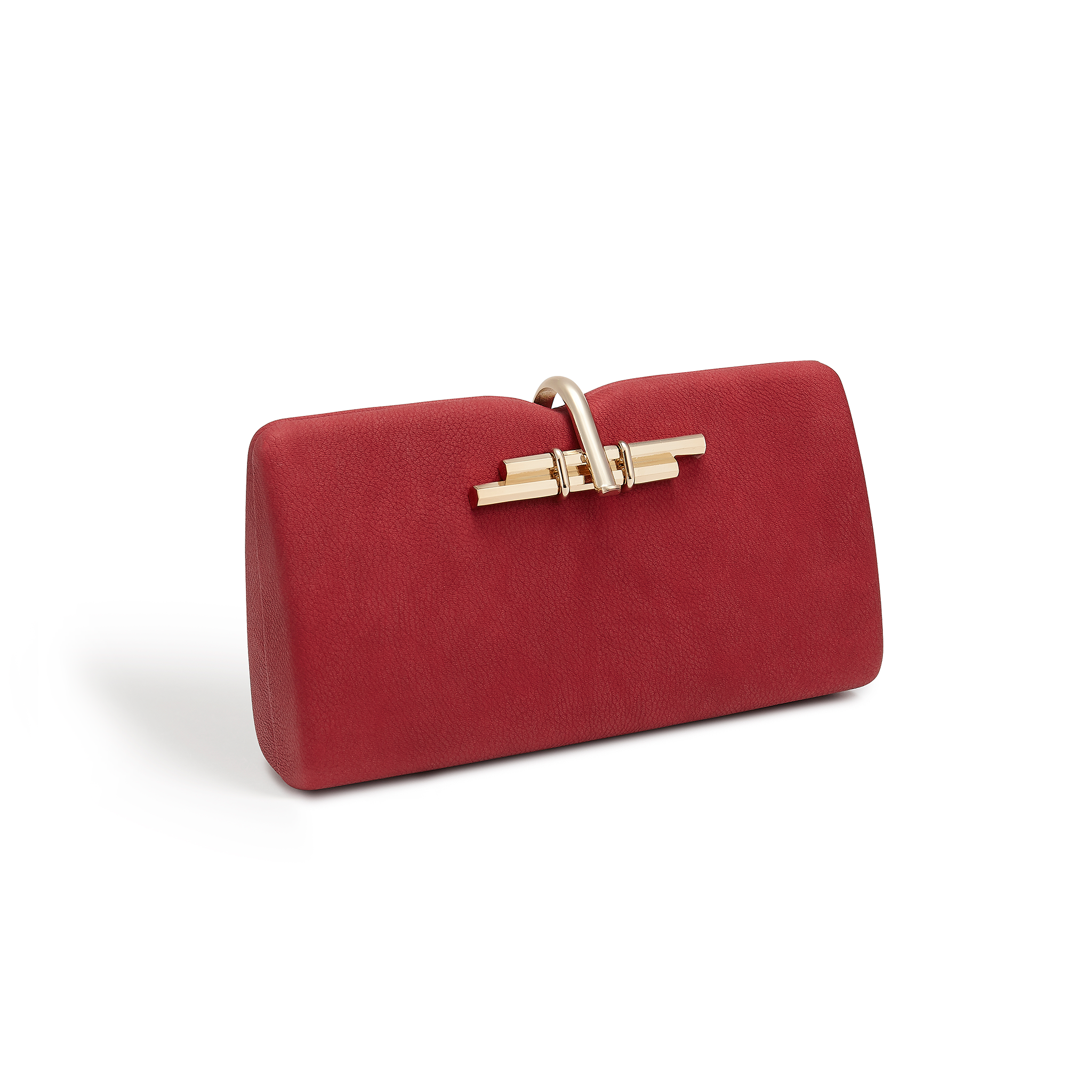 Stylish Red Allegro Vegan Clutch Bag with gold hardware clasp and detachable chain strap, perfect for evening events.