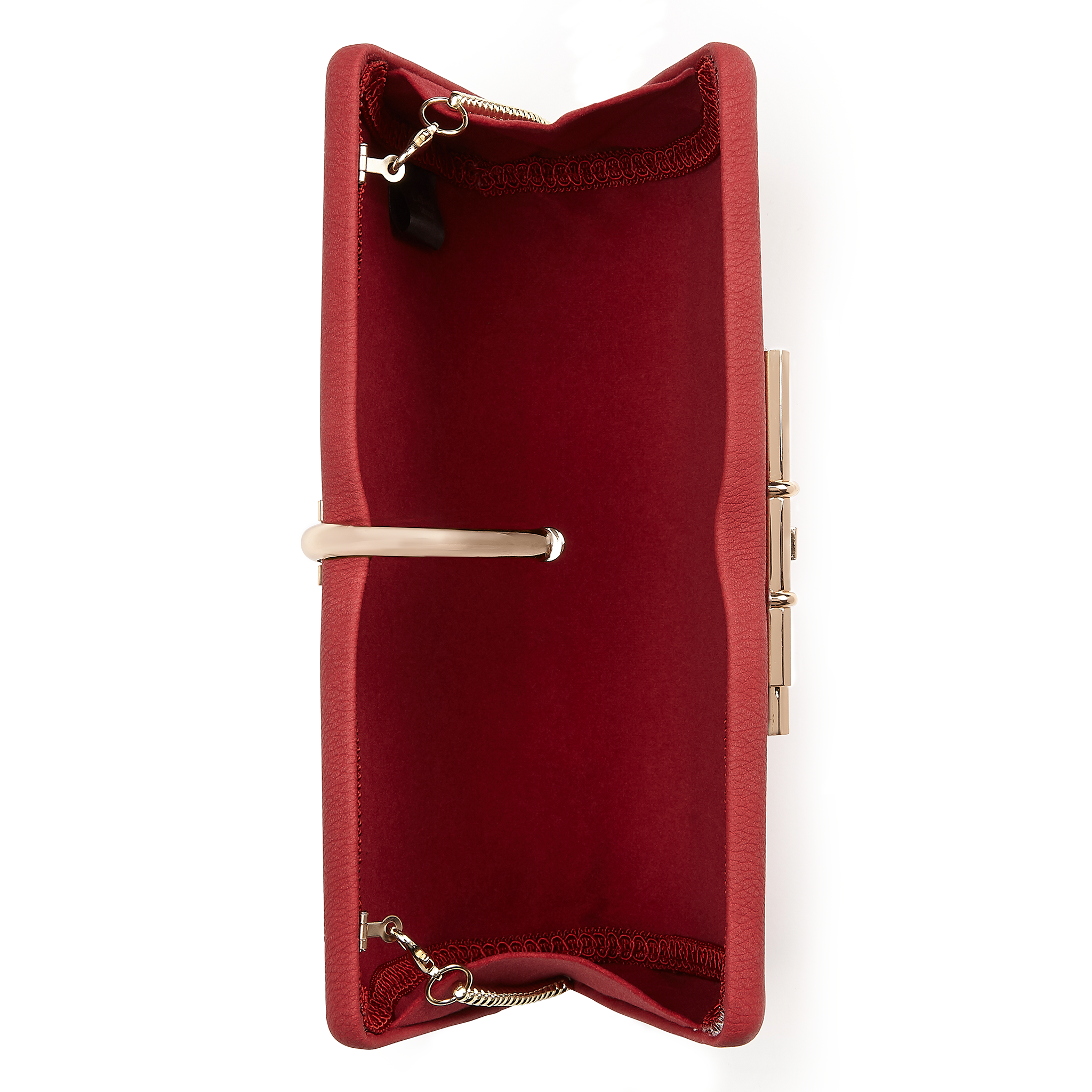 Stylish Red Allegro Vegan Clutch Bag with gold hardware clasp and detachable chain strap, perfect for evening events.