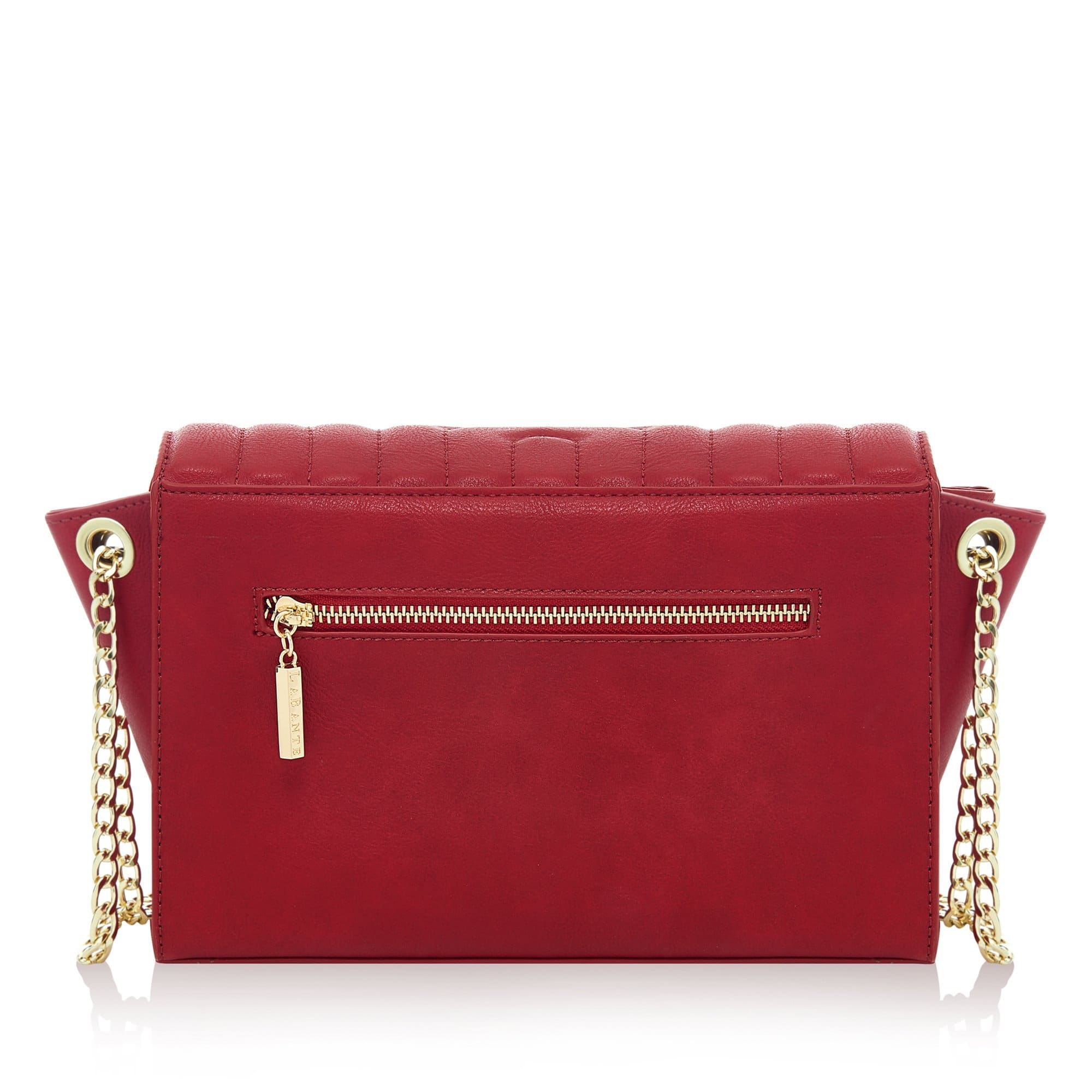 Red Kensington Vegan Quilted Cross-Body Bag with double gold chain strap and magnetic closure, showcasing its elegant quilted design.