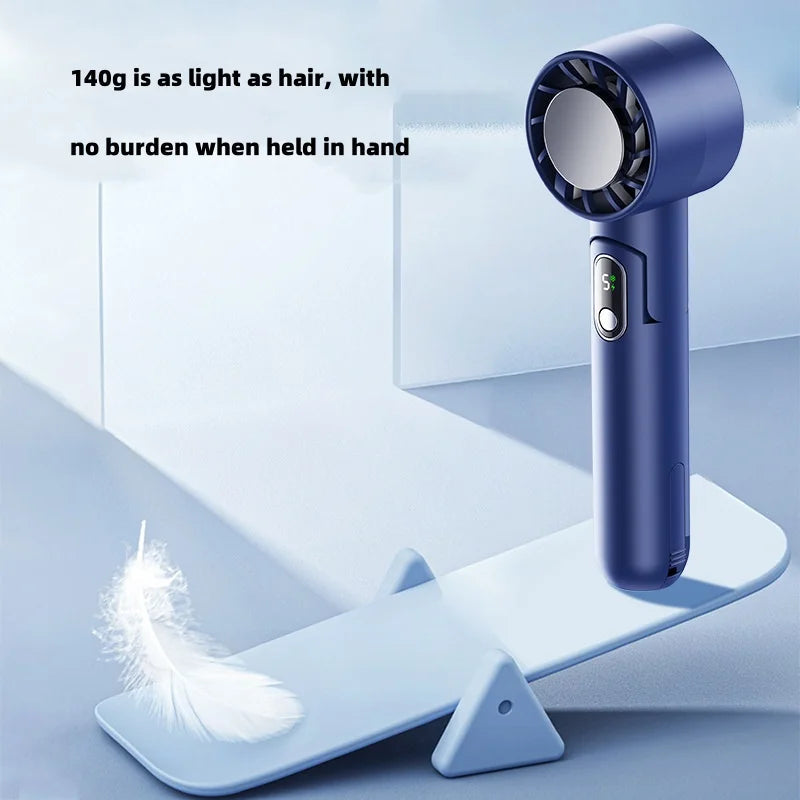 A sleek and portable Refrigeration Handheld Fan with a digital display, showcasing its foldable design and powerful airflow features.