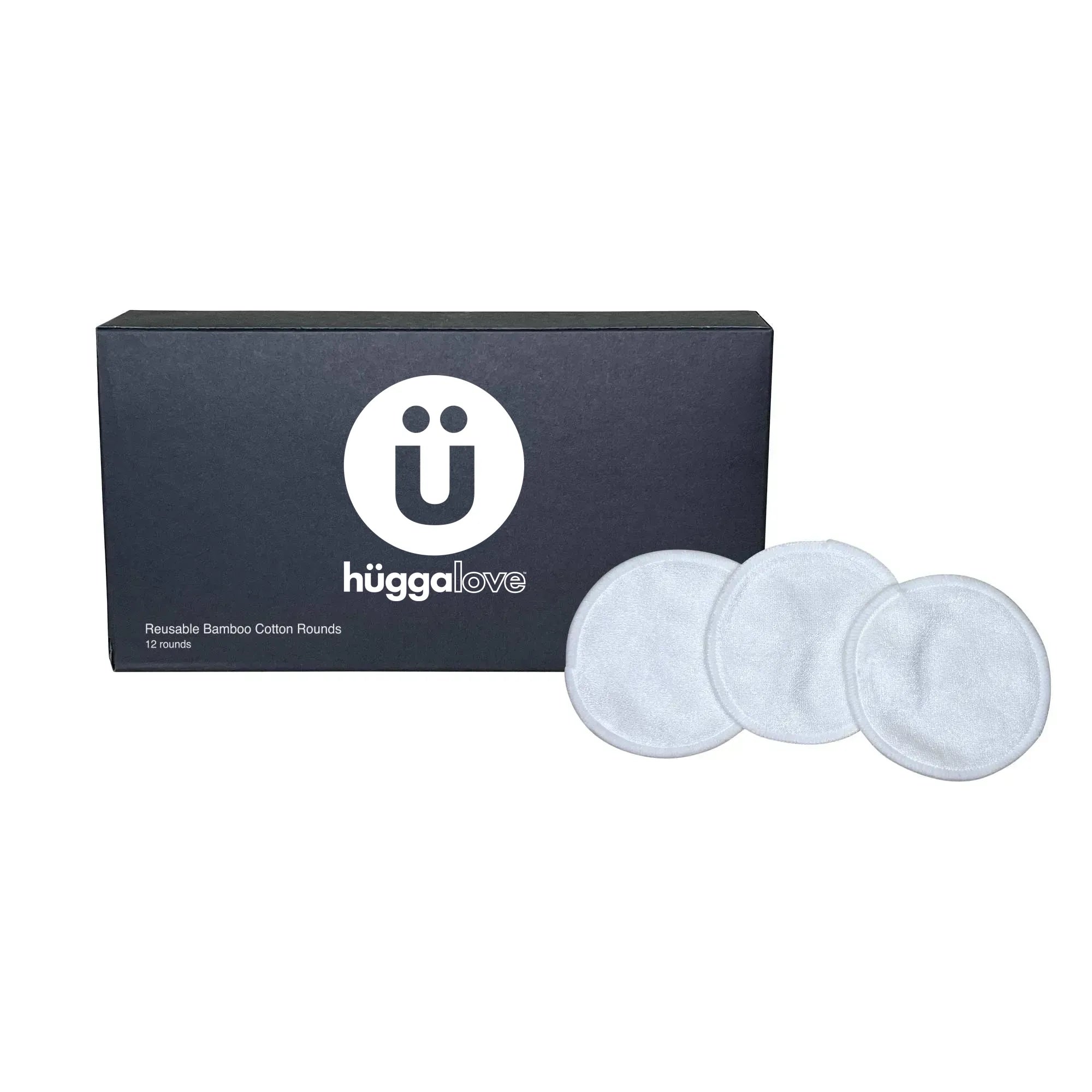 A pack of 12 Reusable Bamboo Cotton Rounds displayed on a wooden surface, showcasing their soft texture and eco-friendly design.