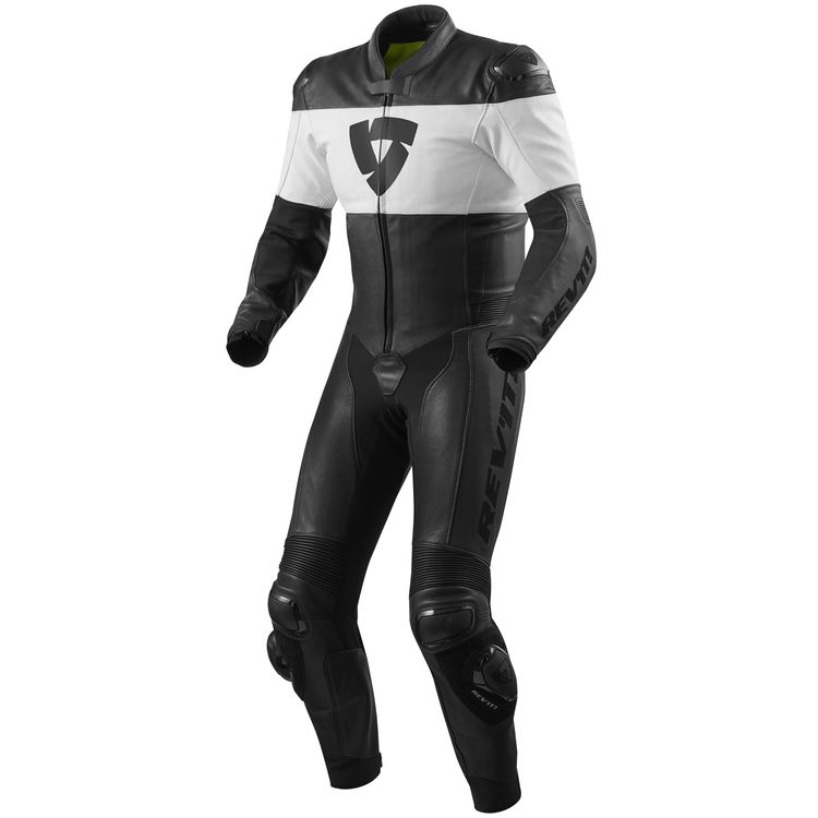 REV'IT! Nova Race Suit in black and white, showcasing its sleek design and protective features, made from high-quality leather and stretch materials.