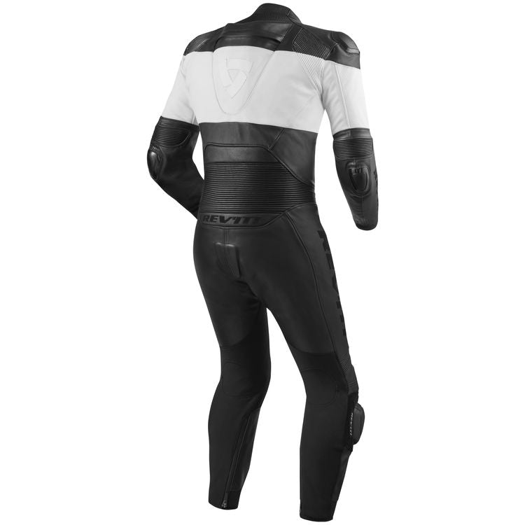 REV'IT! Nova Race Suit in black and white, showcasing its sleek design and protective features, made from high-quality leather and stretch materials.