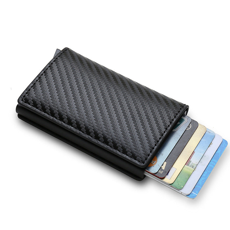 RFID Anti-Theft Swipe Automatic Pop-Up Card Holder in sleek aluminum alloy and PU leather, showcasing its ultra-thin design and automatic card access feature.