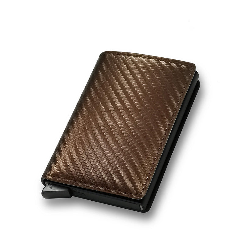 RFID Anti-Theft Swipe Automatic Pop-Up Card Holder in sleek aluminum alloy and PU leather, showcasing its ultra-thin design and automatic card access feature.