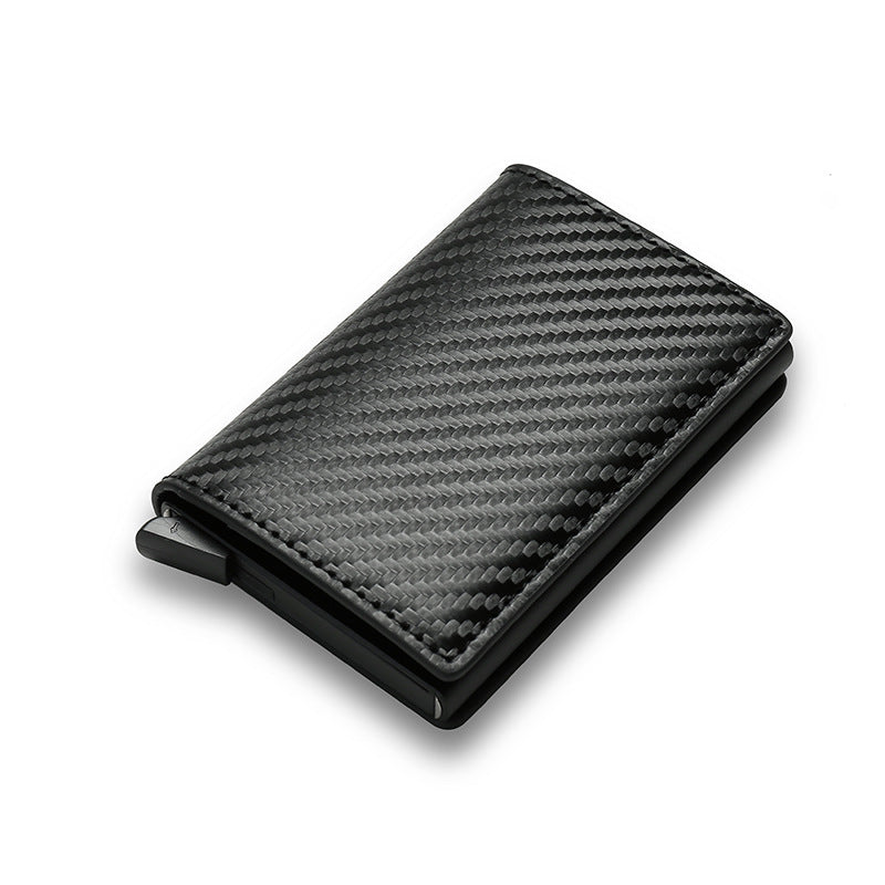 RFID Anti-Theft Swipe Automatic Pop-Up Card Holder in sleek aluminum alloy and PU leather, showcasing its ultra-thin design and automatic card access feature.